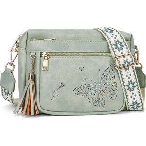 Women’s 02-green Leather Purse Crossbody Bag Handbags Butterfly Design